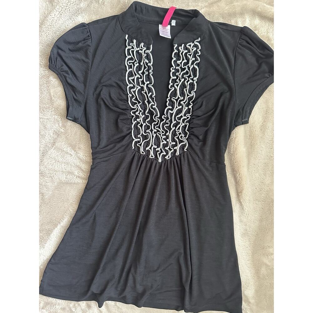 Vintage Y2K Black Ruched Ruffle Contrast Trim Top With Puff Sleeves (L)